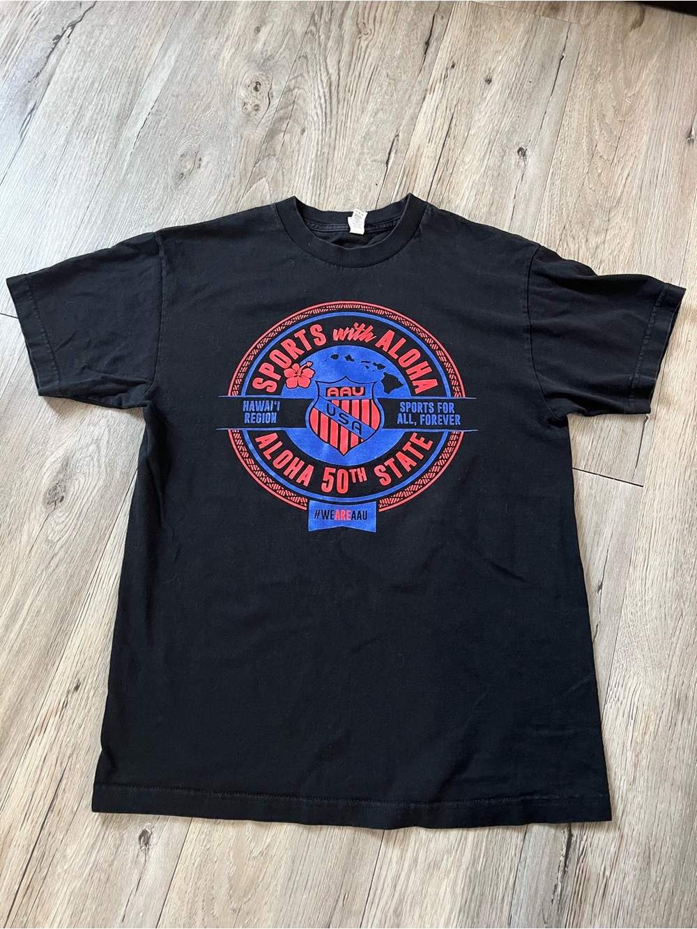 Alstyle Black Short-Sleeve Graphic Tee with Red and Blue Logo